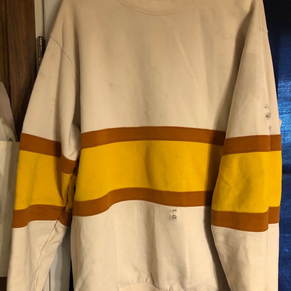 Men's Distressed Urban outfitters Cream and Yellow Stripe Crewneck Sweater